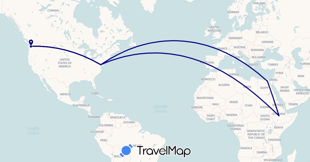 TravelMap itinerary: driving in Egypt, Ethiopia, United States (Africa, North America)