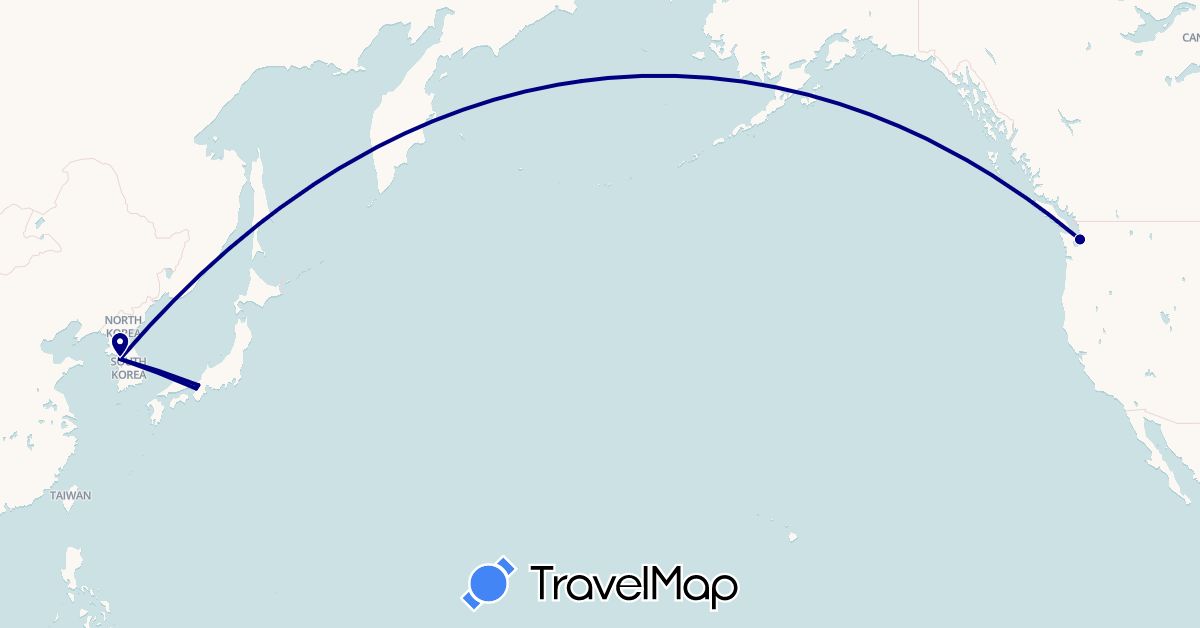 TravelMap itinerary: driving in Japan, South Korea, United States (Asia, North America)