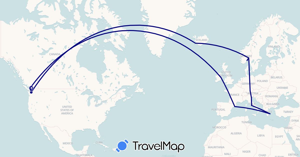 TravelMap itinerary: driving in Canada, Germany, Spain, Greece, Ireland, Iceland, Italy, Norway, United States (Europe, North America)