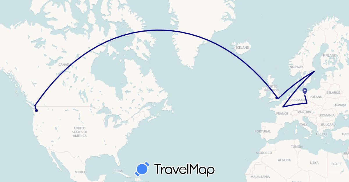 TravelMap itinerary: driving in Canada, Czech Republic, Germany, France, United Kingdom, Sweden, United States (Europe, North America)